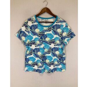 Floral Coastal Westbound Woman 1X Blue Teal White Cotton Short Sleeve Tee Shirt